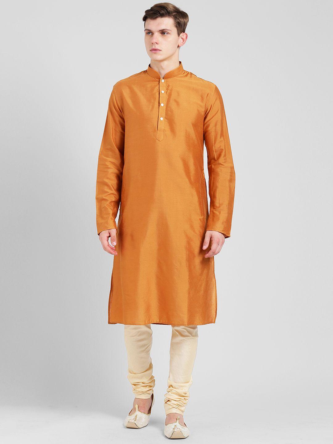 kisah men orange & beige solid kurta with churidar