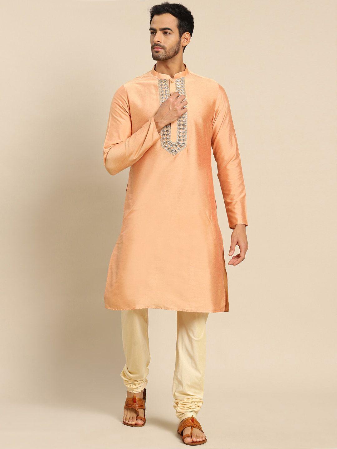 kisah men orange solid cotton blend kurta with churidar