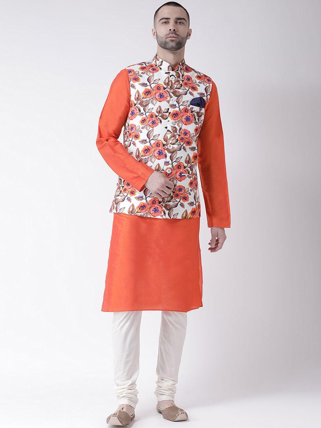kisah men orange solid mandarin collar straight kurta with churidar & jacker