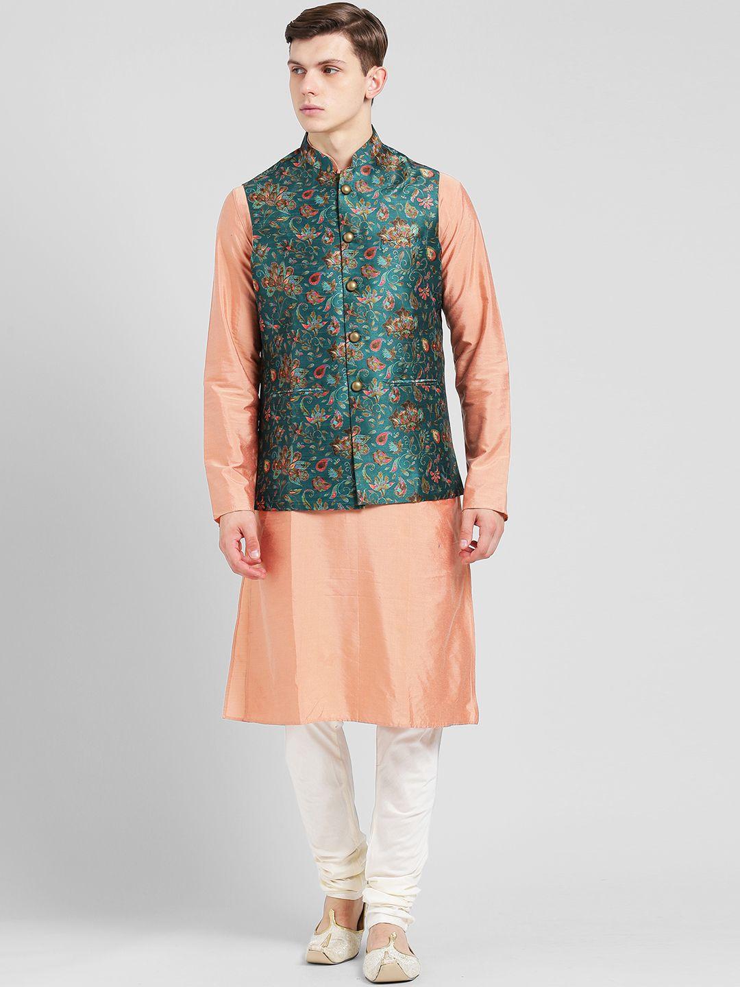 kisah men peach-coloured & green printed kurta with churidar & nehru jacket