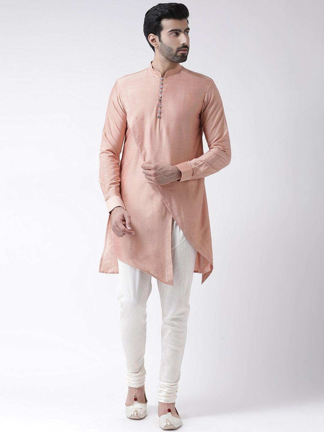 kisah men peach-coloured & off-white solid kurta with churidar