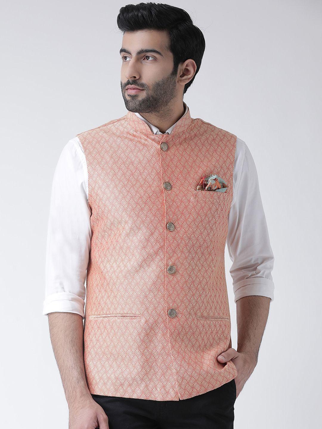 kisah-men-peach-coloured-woven-design-nehru-jacket