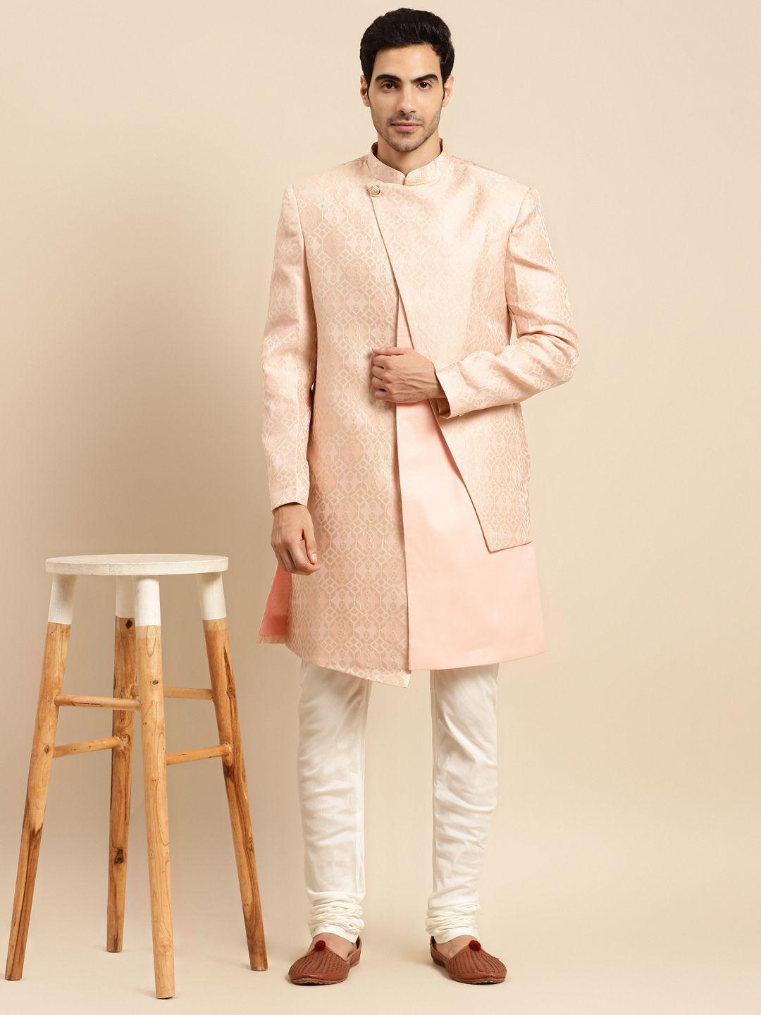 kisah men pink & beige woven design sherwani