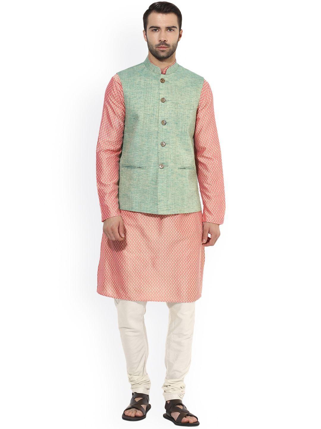 kisah men pink & green self design kurta with churidar and waistcoat