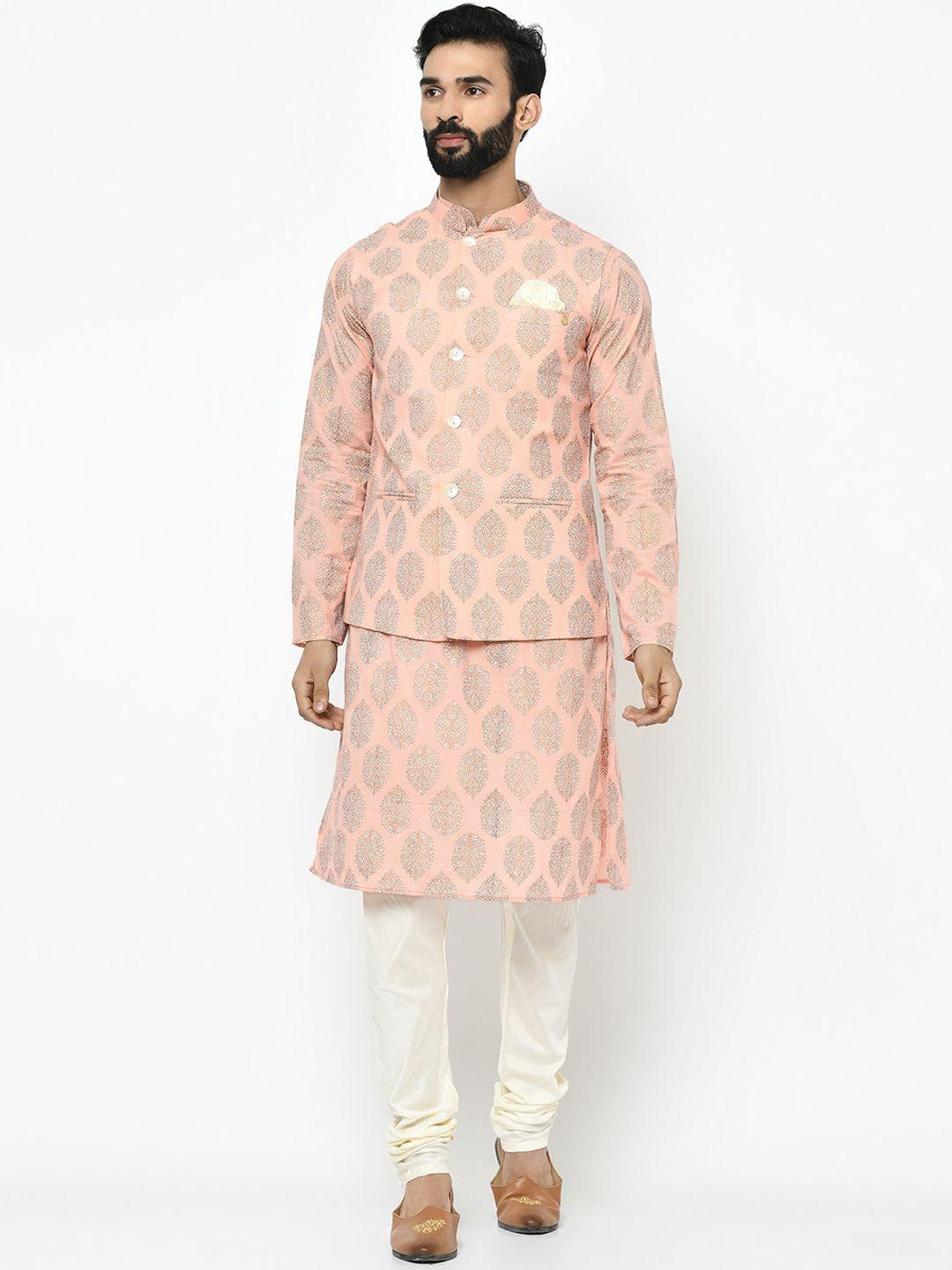 kisah men pink & white printed kurta with churidar & nehru jacket