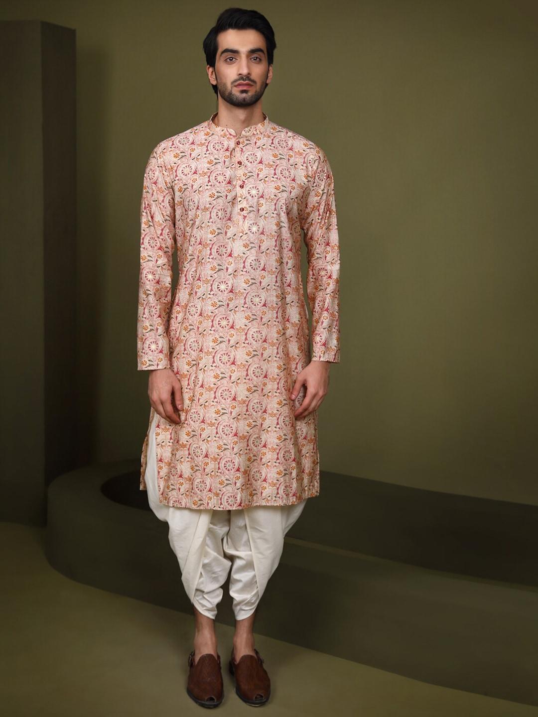 kisah men pink ethnic motifs printed kurta with dhoti pants
