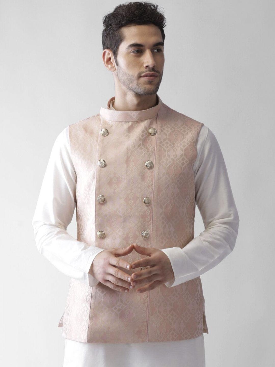 kisah men pink printed nehru jacket