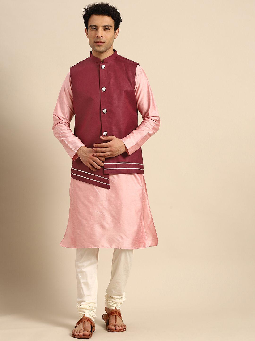 kisah men pink solid kurta with churidar & nehru jacket