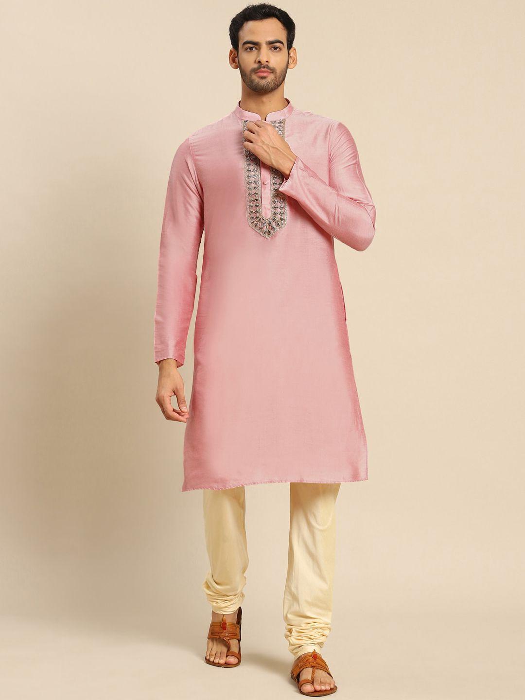 kisah men pink yoke design kurta with churidar