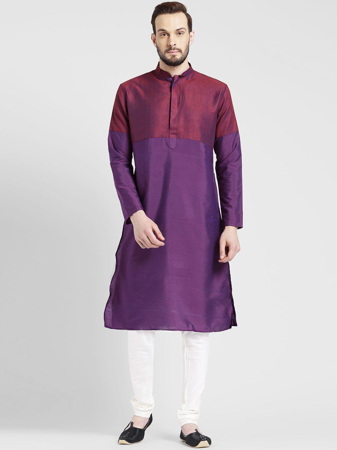 kisah men purple & maroon self design kurta with churidar