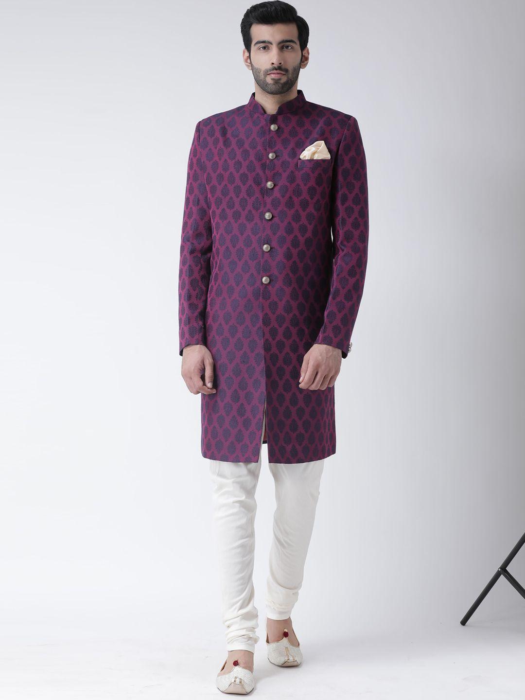 kisah men purple & white woven design cotton sherwani set