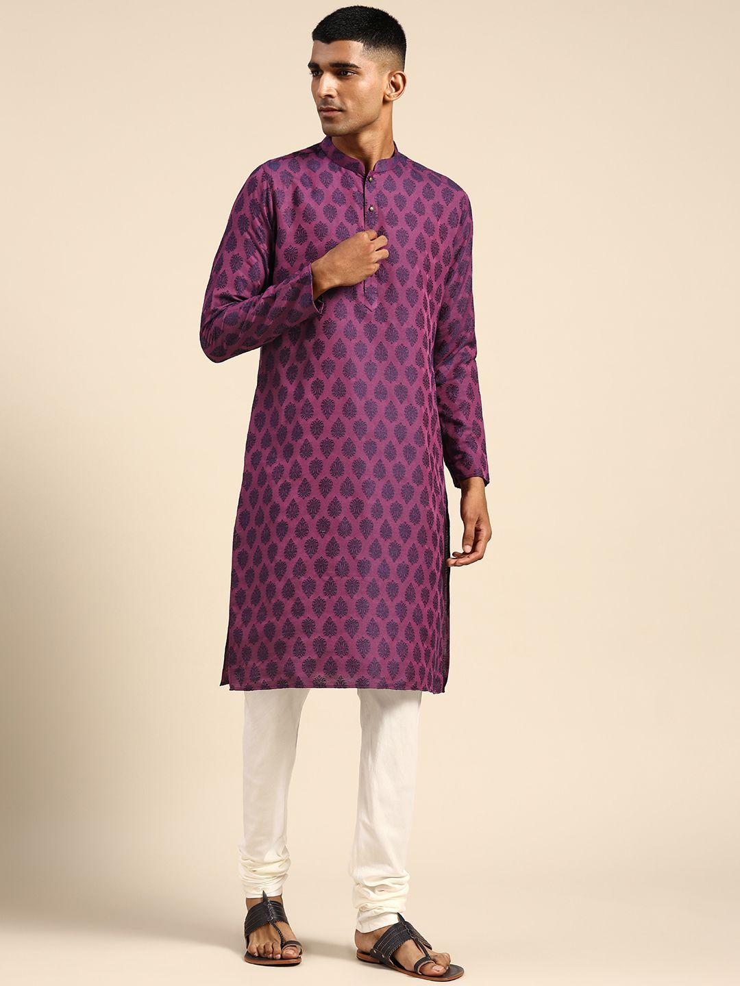 kisah men purple ethnic motifs woven design kurta with churidar