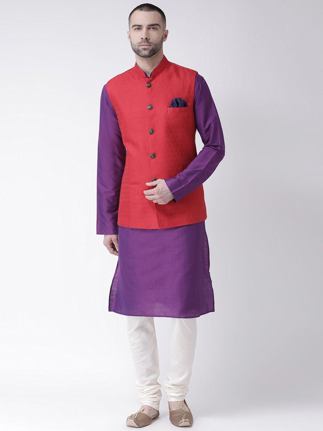 kisah men purple kurta with churidar & nehru jacket