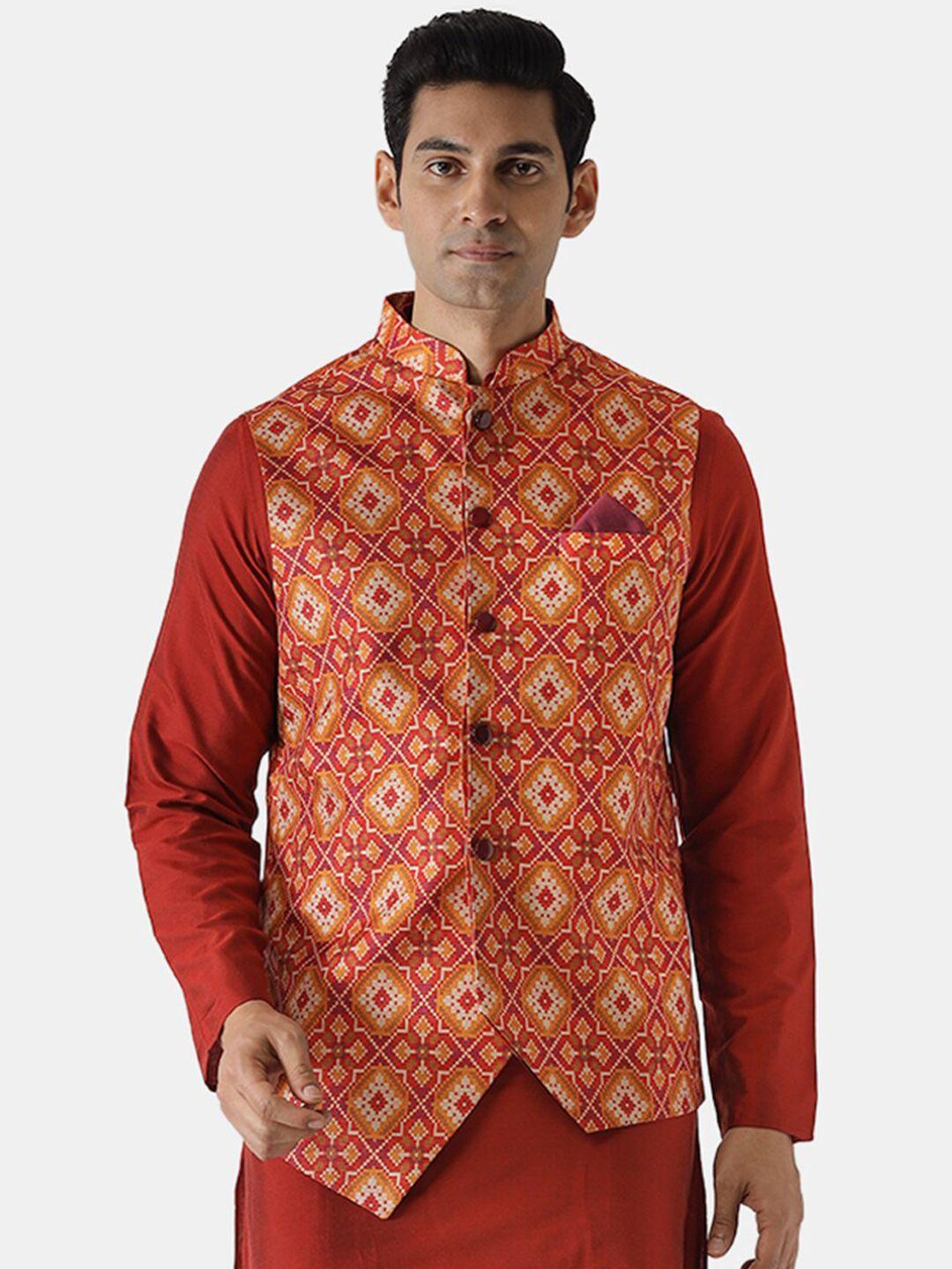 kisah men red woven design nehru jacket