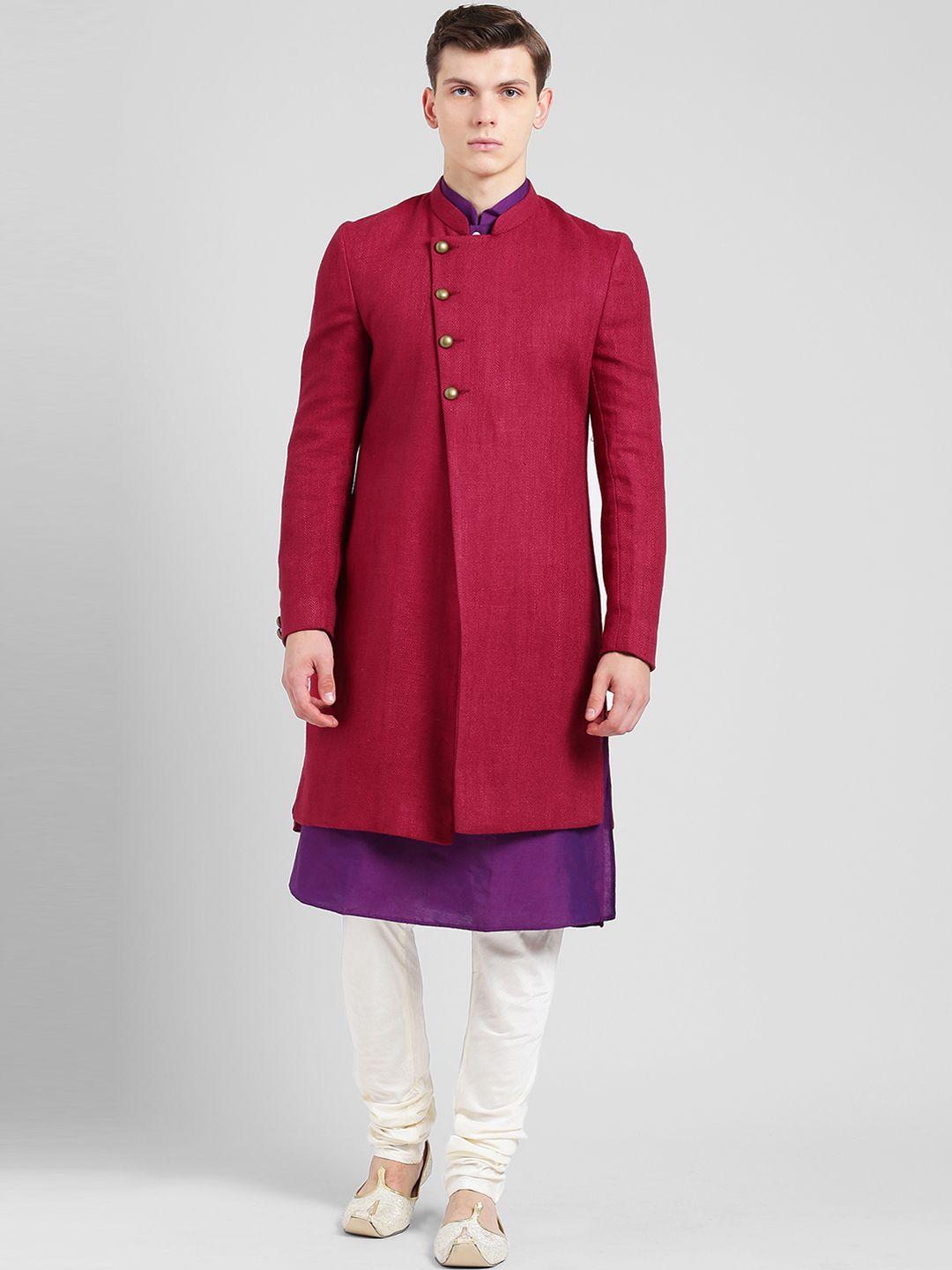 kisah men red, purple & off-white sherwani set