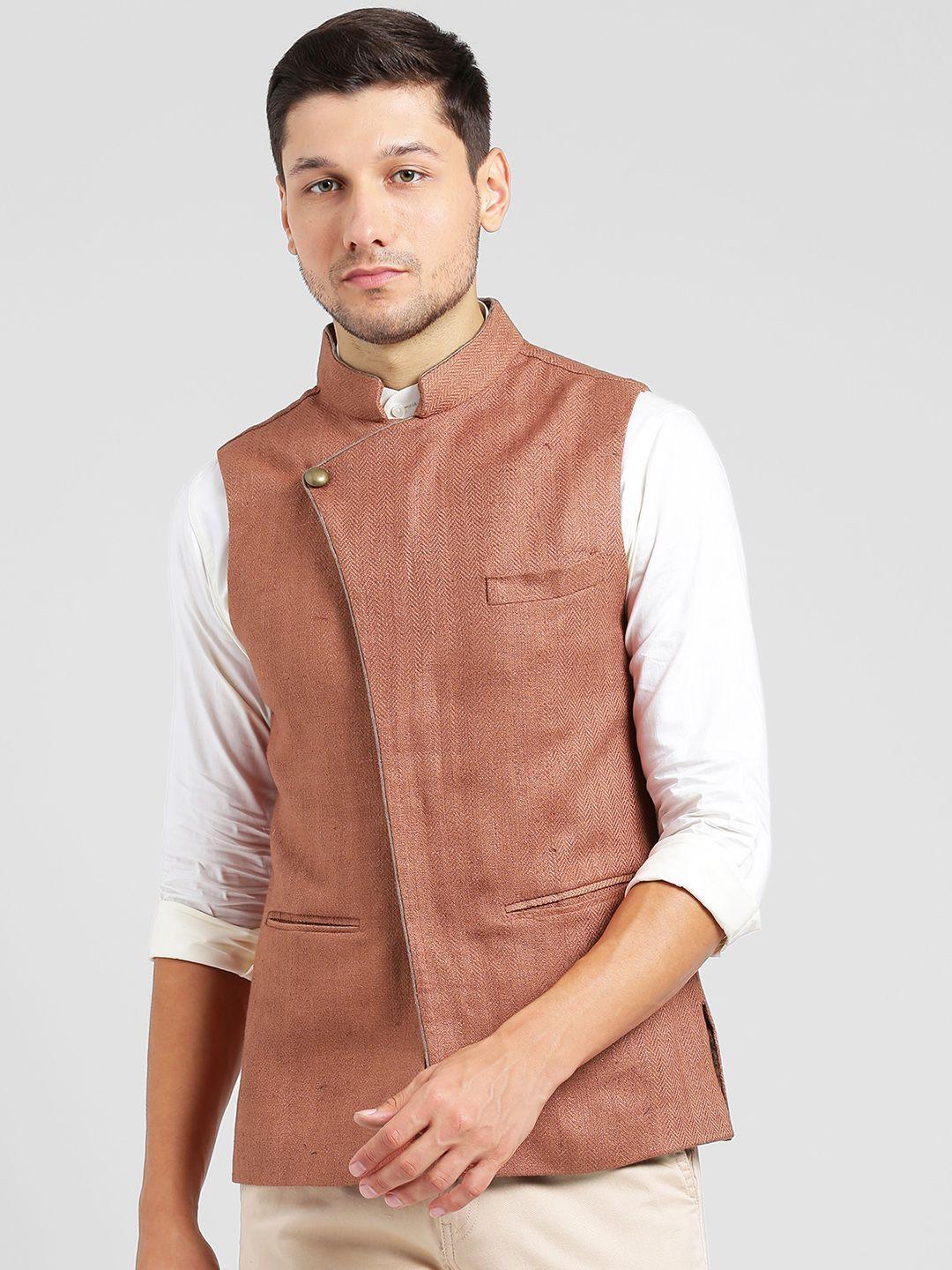 kisah men rust pink woven design  bhagalpuri silk nehru jacket
