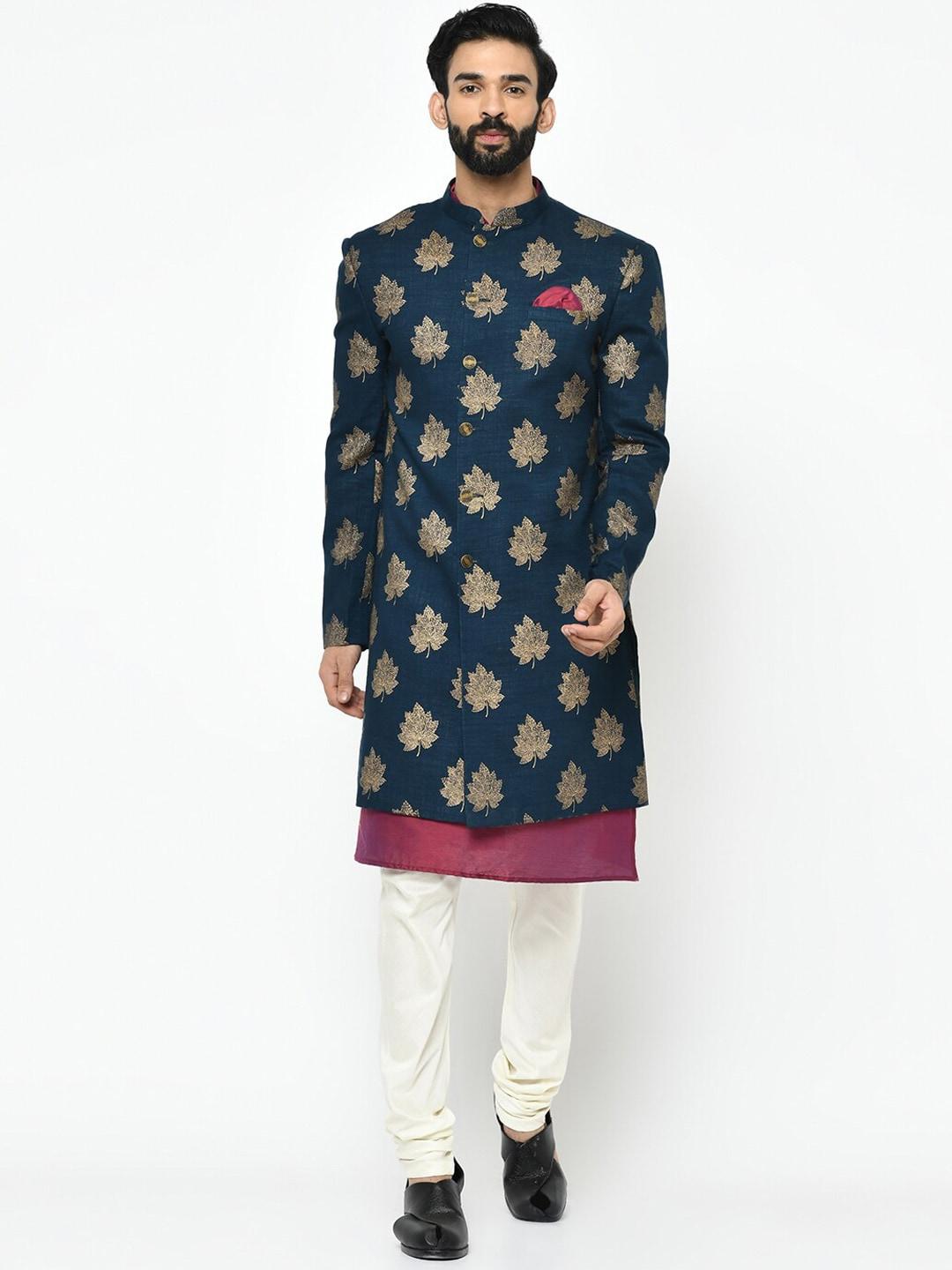 kisah men teal  & gold woven design sherwani set