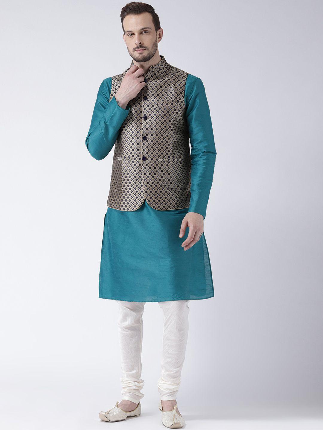 kisah men teal & off-white solid kurta with churidar & nehru jacket