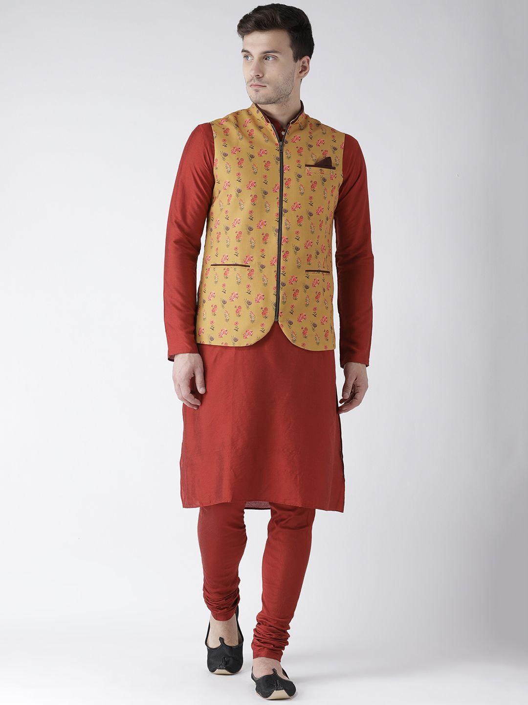 kisah men teal & yellow printed kurta with churidar & nehru jacket