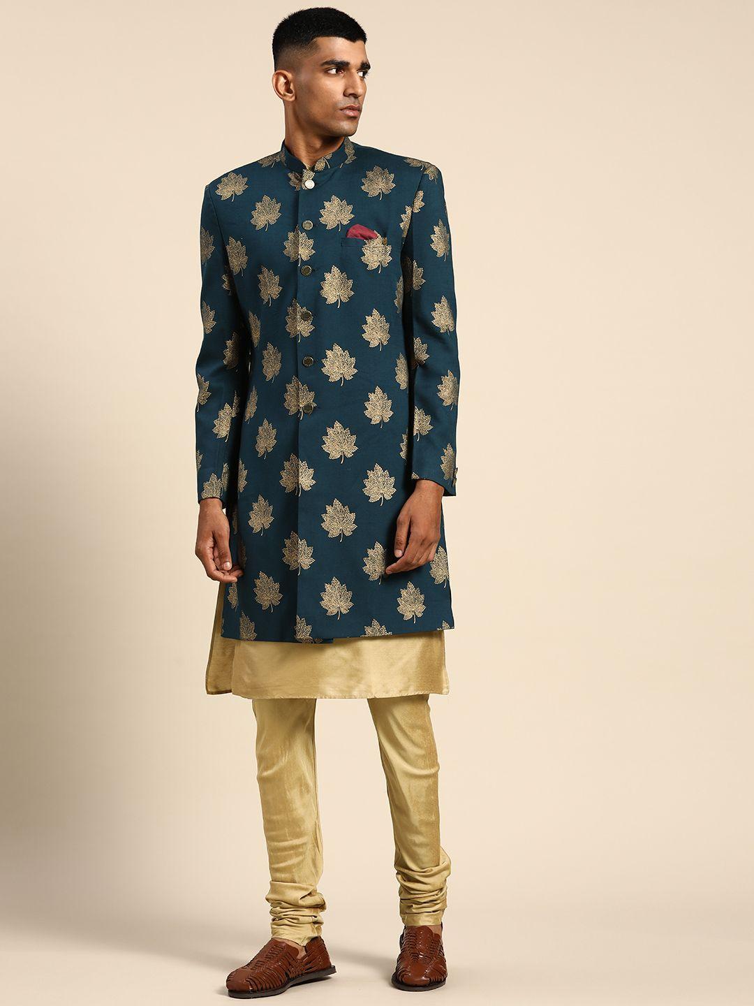 kisah men teal blue & beige woven design kurta sherwani churidar set