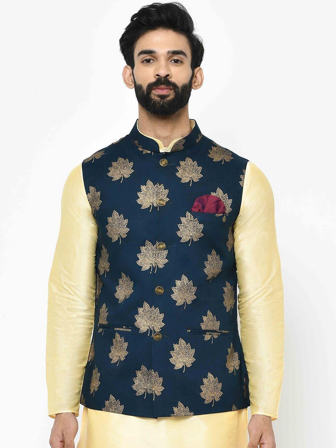 kisah-men-teal-green-woven-design-nehru-jacket