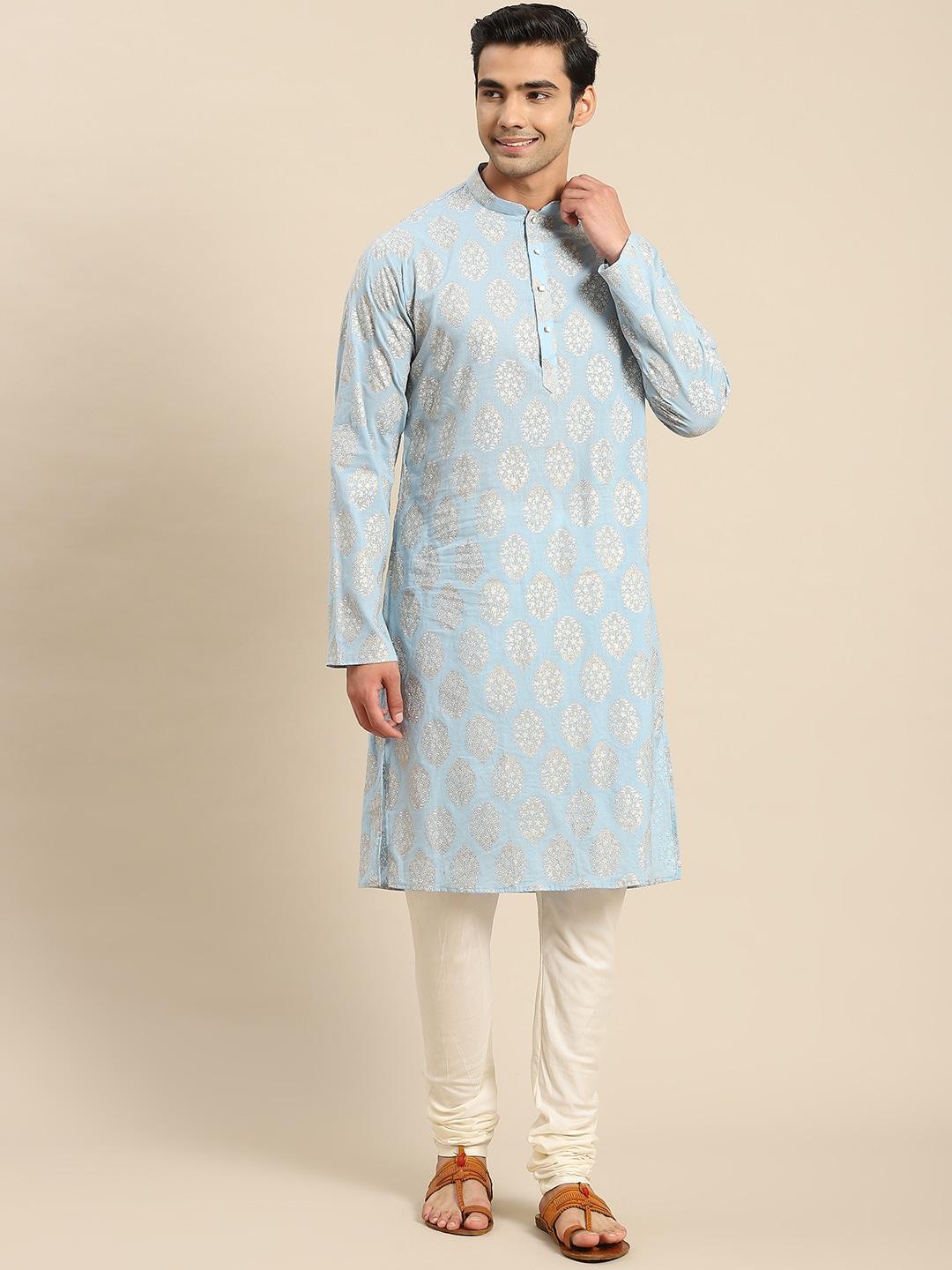 kisah men turquoise blue ethnic motifs printed kurta with churidar