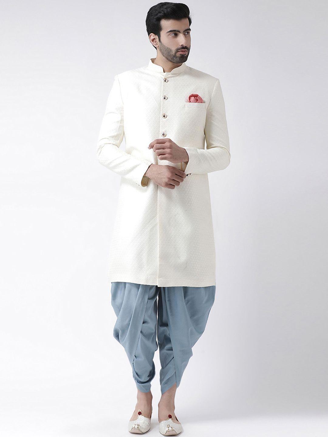kisah men white & blue self-design silk sherwani with dhoti pants