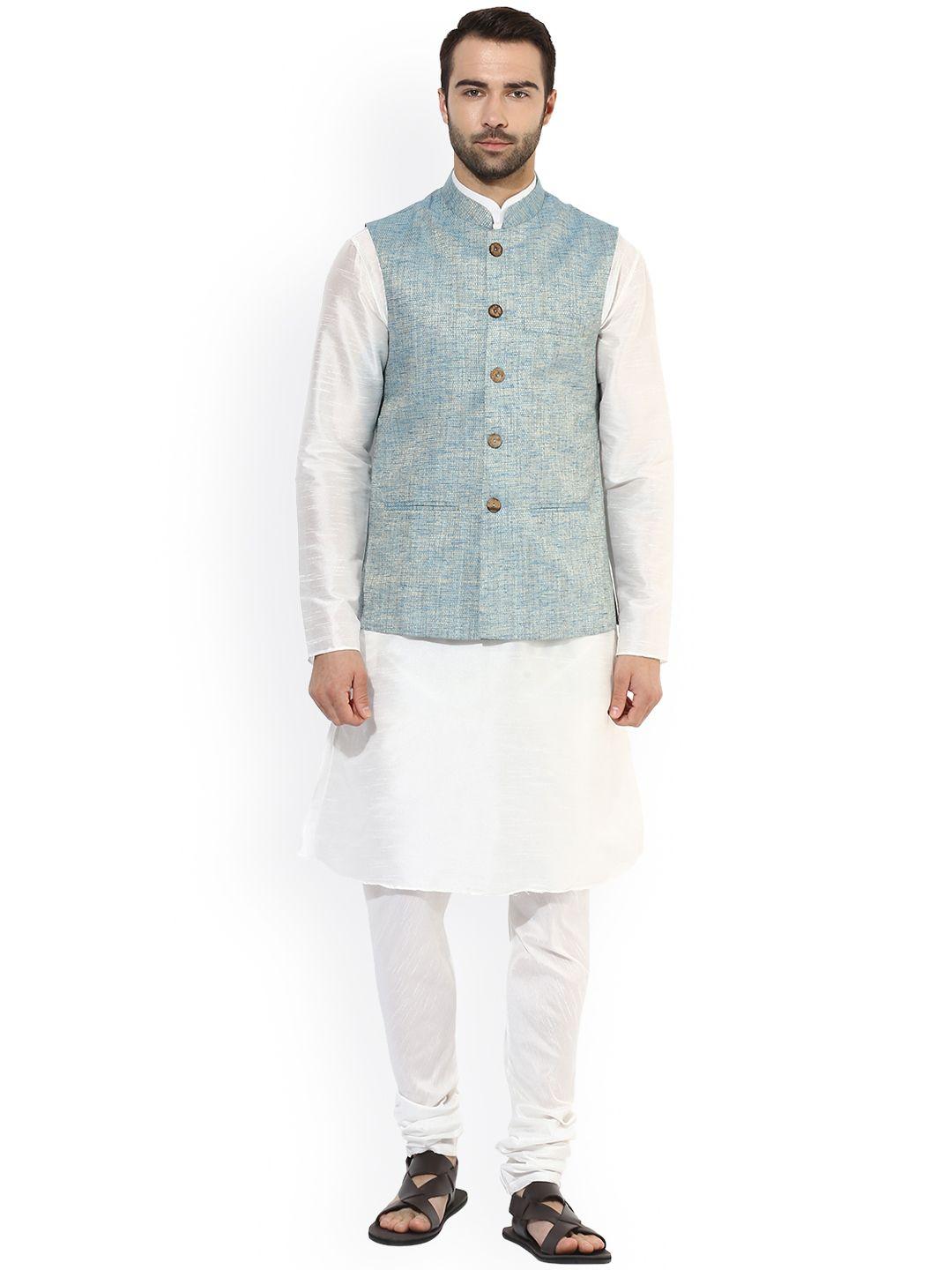 kisah men white & blue solid kurta waistcoat with churidar