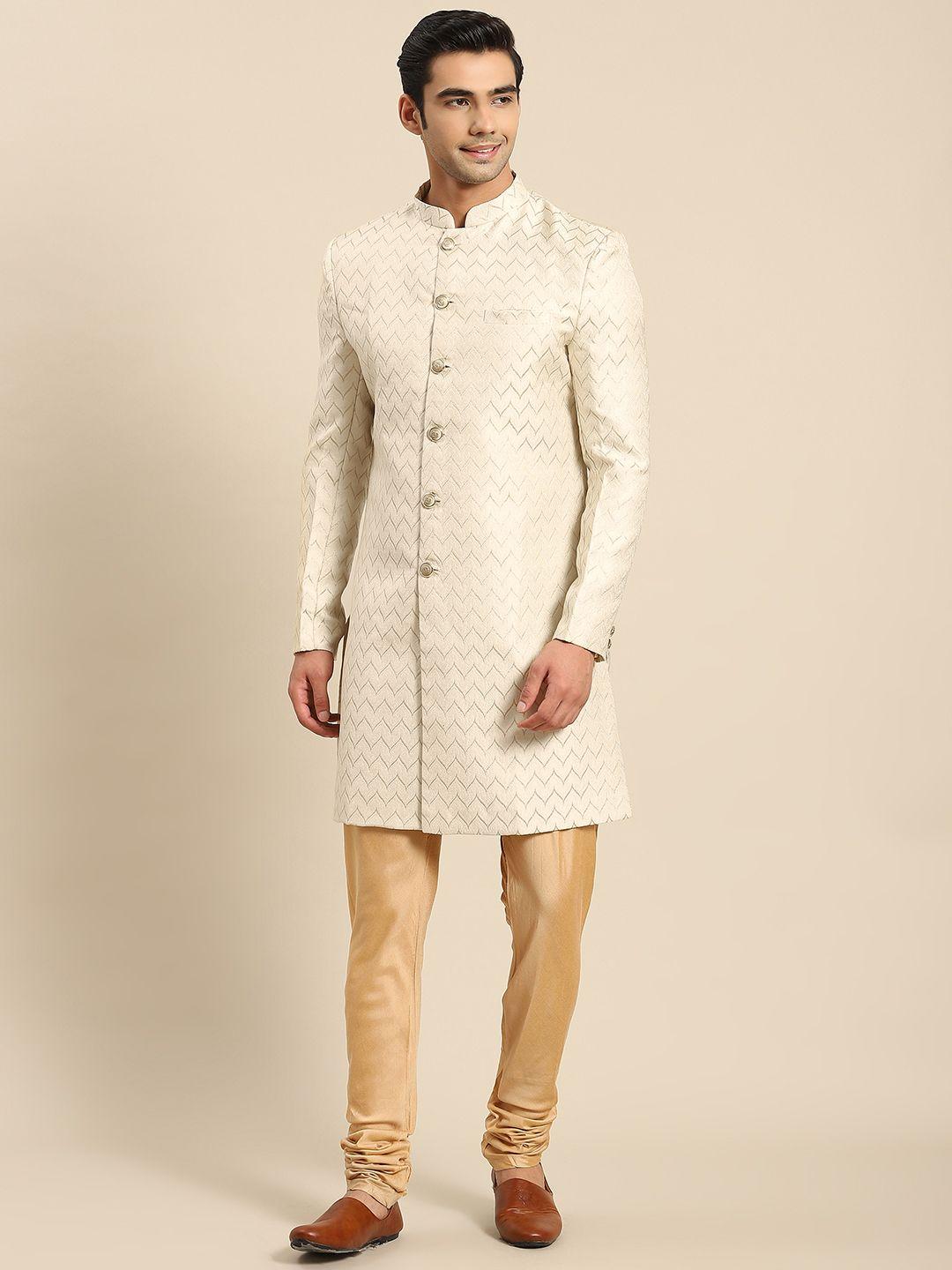 kisah men white & golden woven design sherwani set