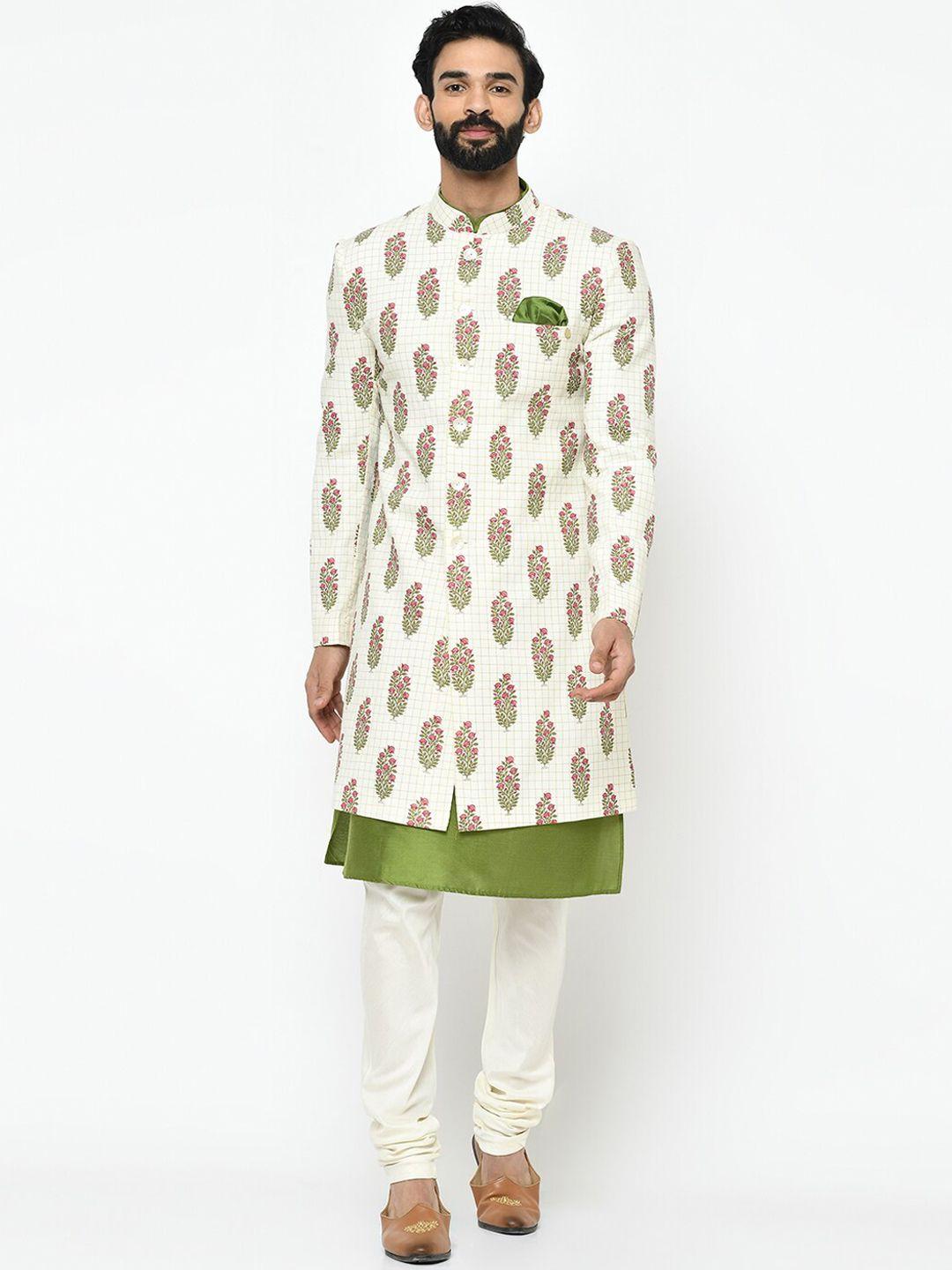 kisah men white & green kurta printed sherwani set