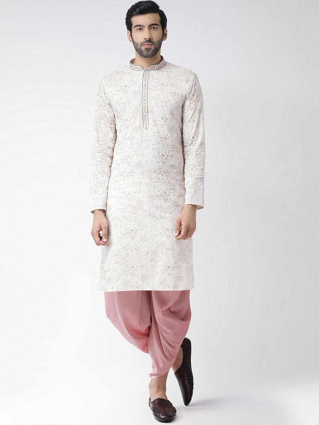 kisah men white & pink ethnic motifs kurta with dhoti pants