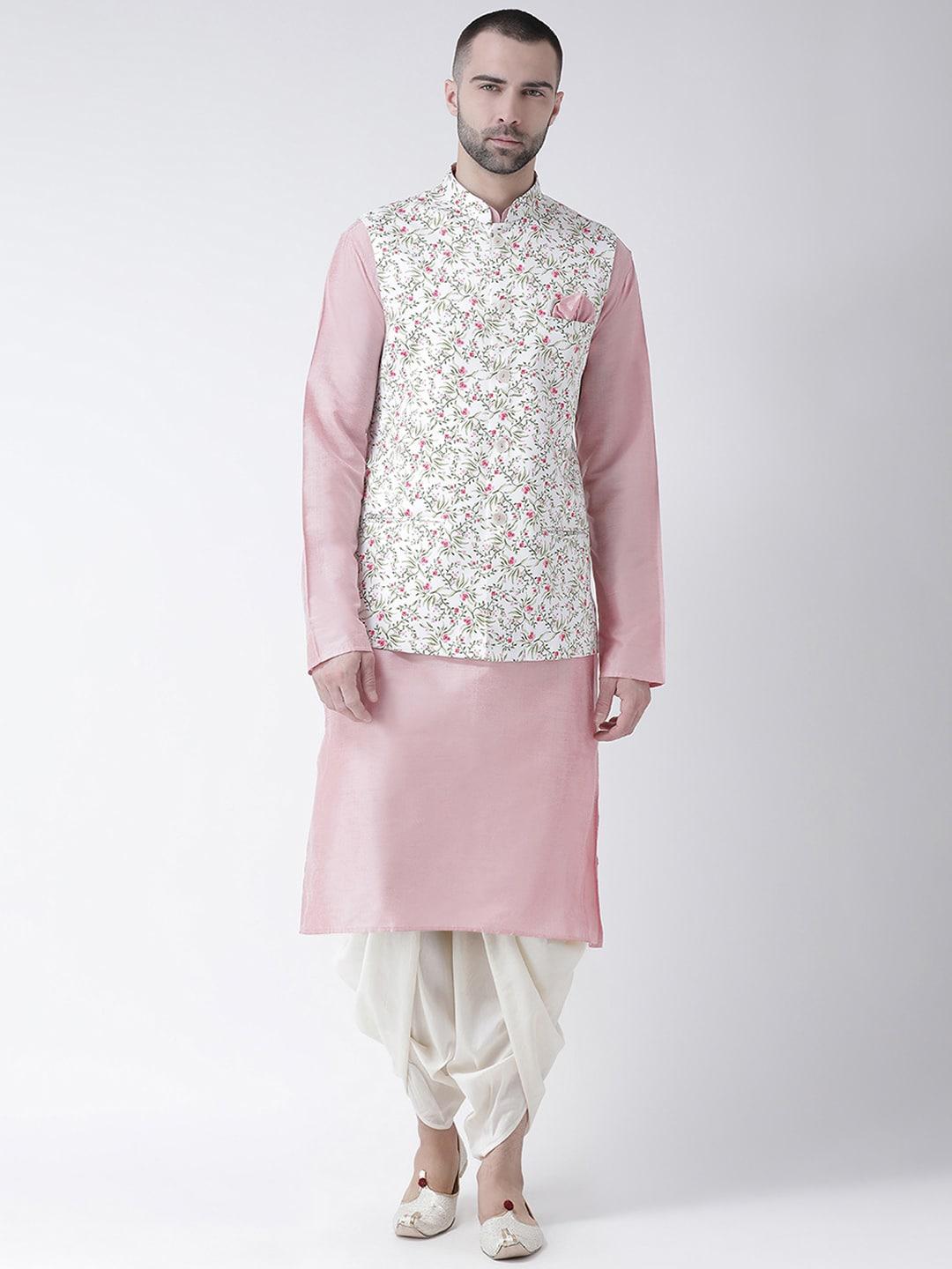 kisah men white & pink printed kurta set with nehru jacket