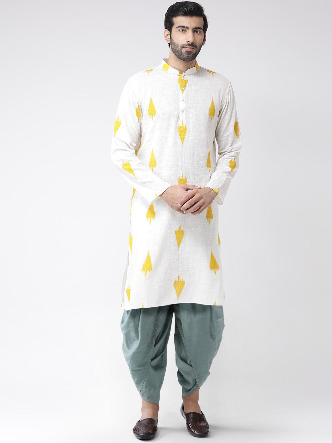 kisah men white ethnic motifs printed kurta with dhoti pants