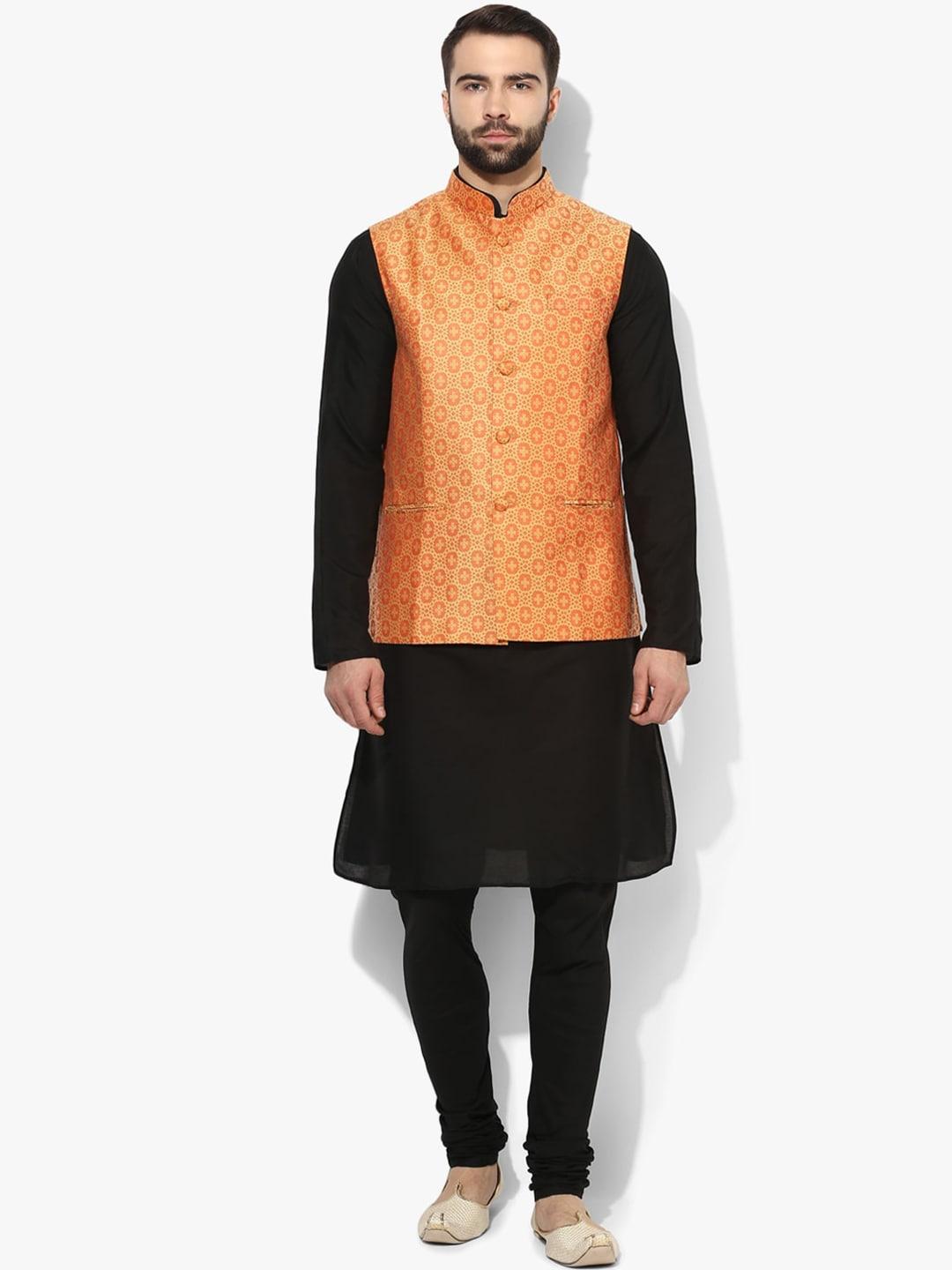 kisah men yellow & black solid kurta with churidar & jacket