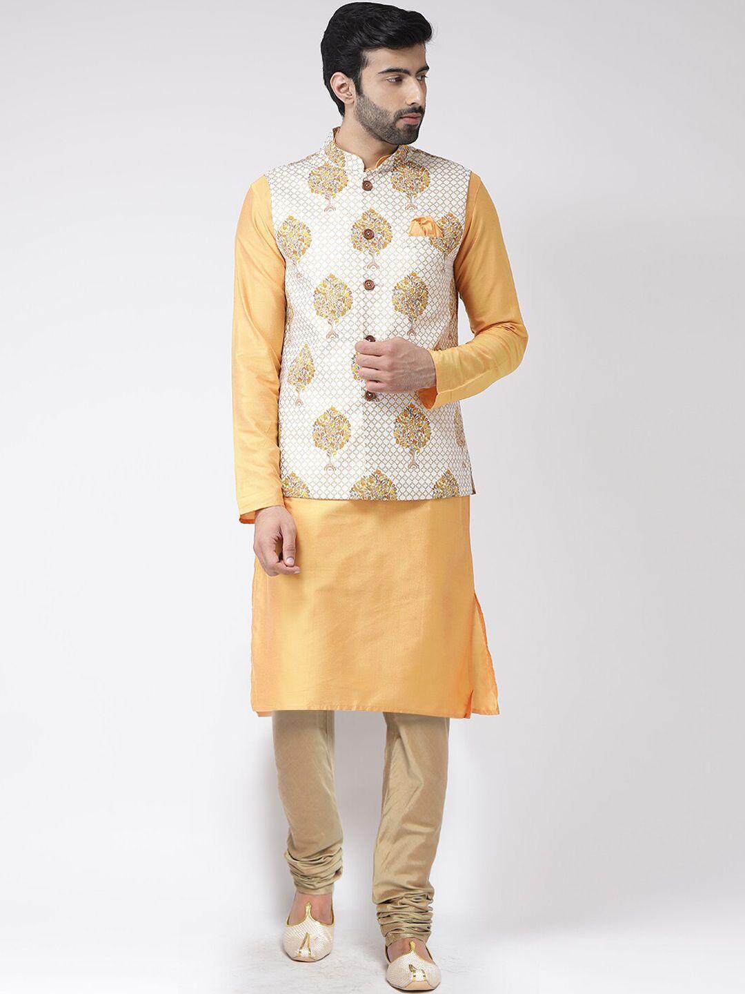 kisah men yellow & gold ethnic motifs kurta with churidar