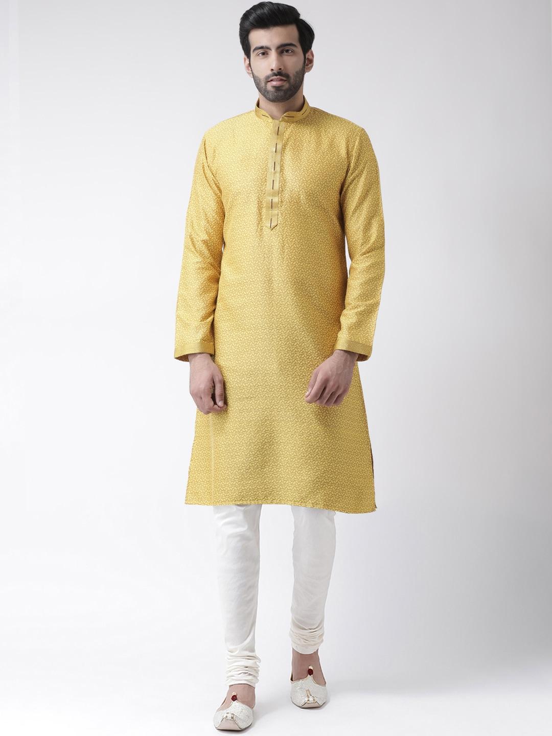 kisah men yellow & white printed kurta with churidar
