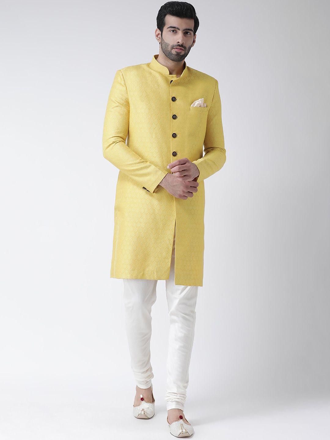 kisah men yellow & white self-design sherwani set
