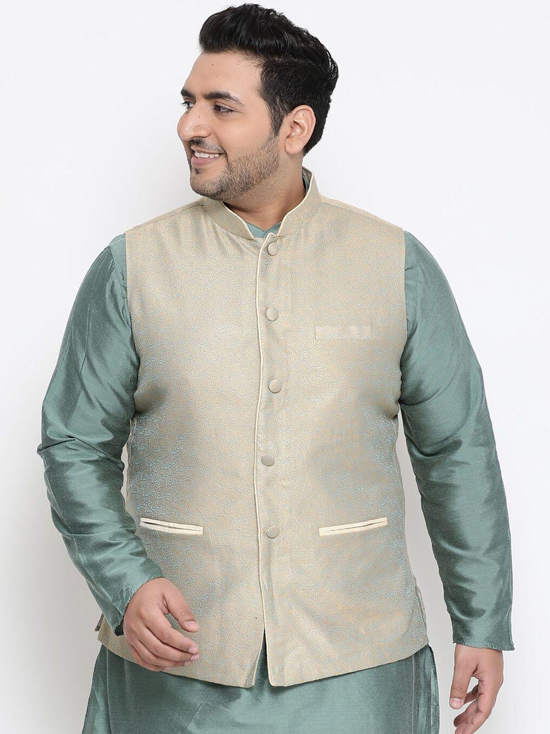 kisah-plus-men-beige-&-blue-woven-design-nehru-jacket