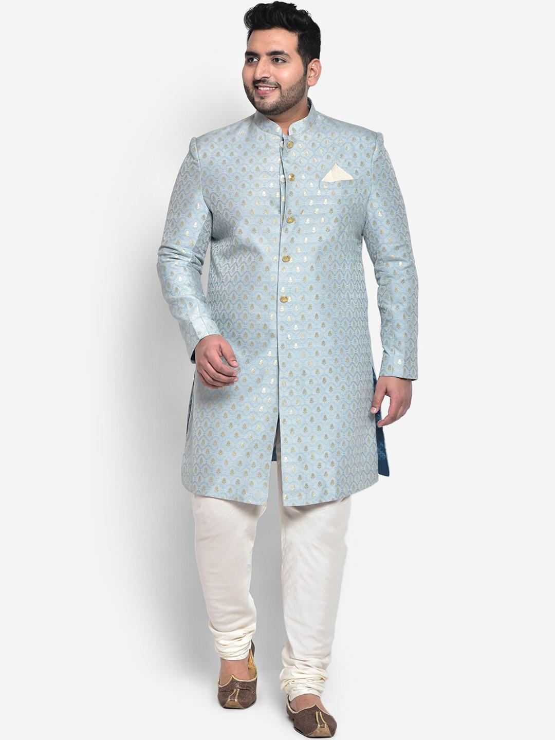 kisah plus men blue & beige woven design sherwani set