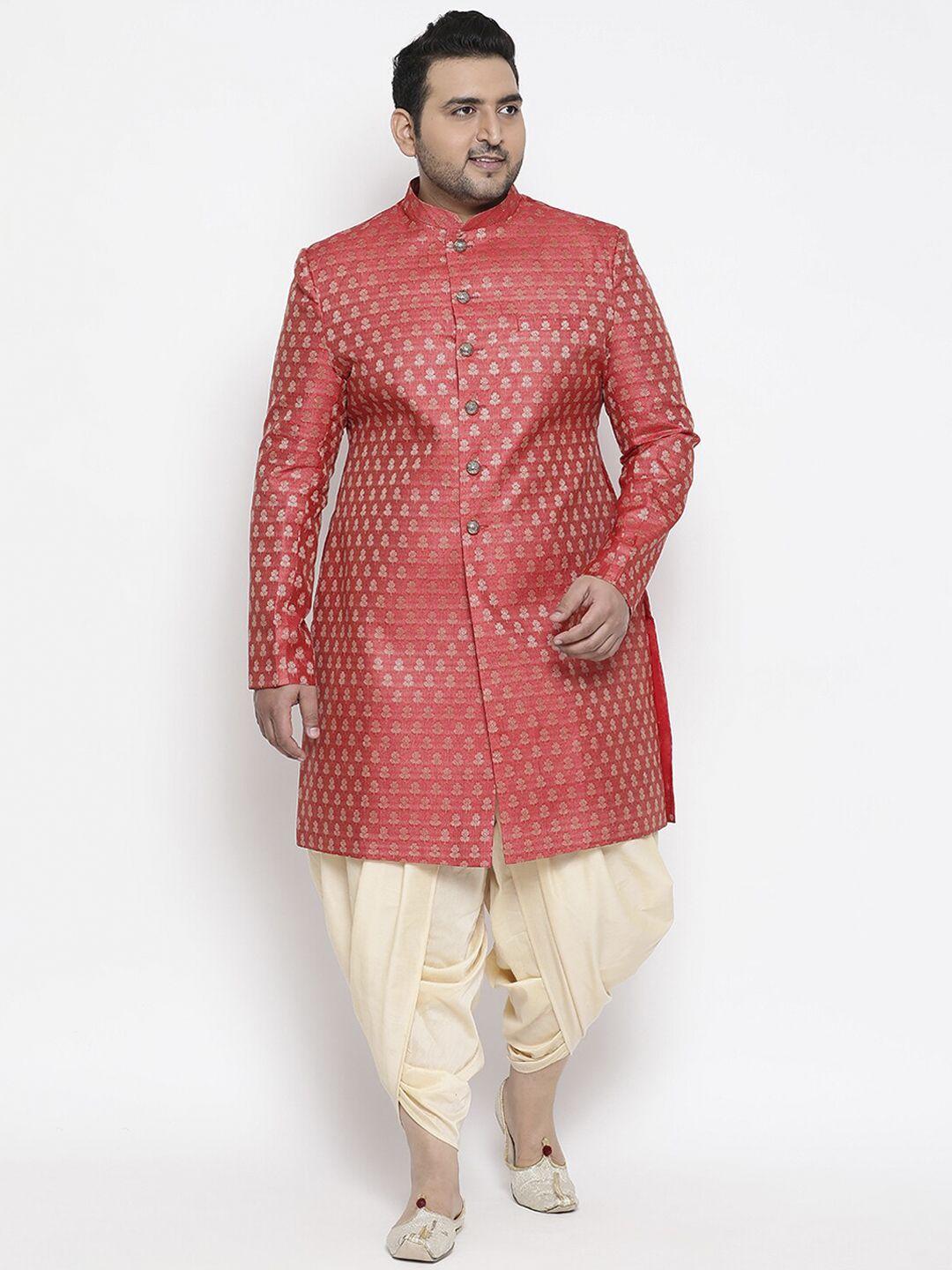 kisah plus men coral-pink & beige printed sherwani with dhoti pants