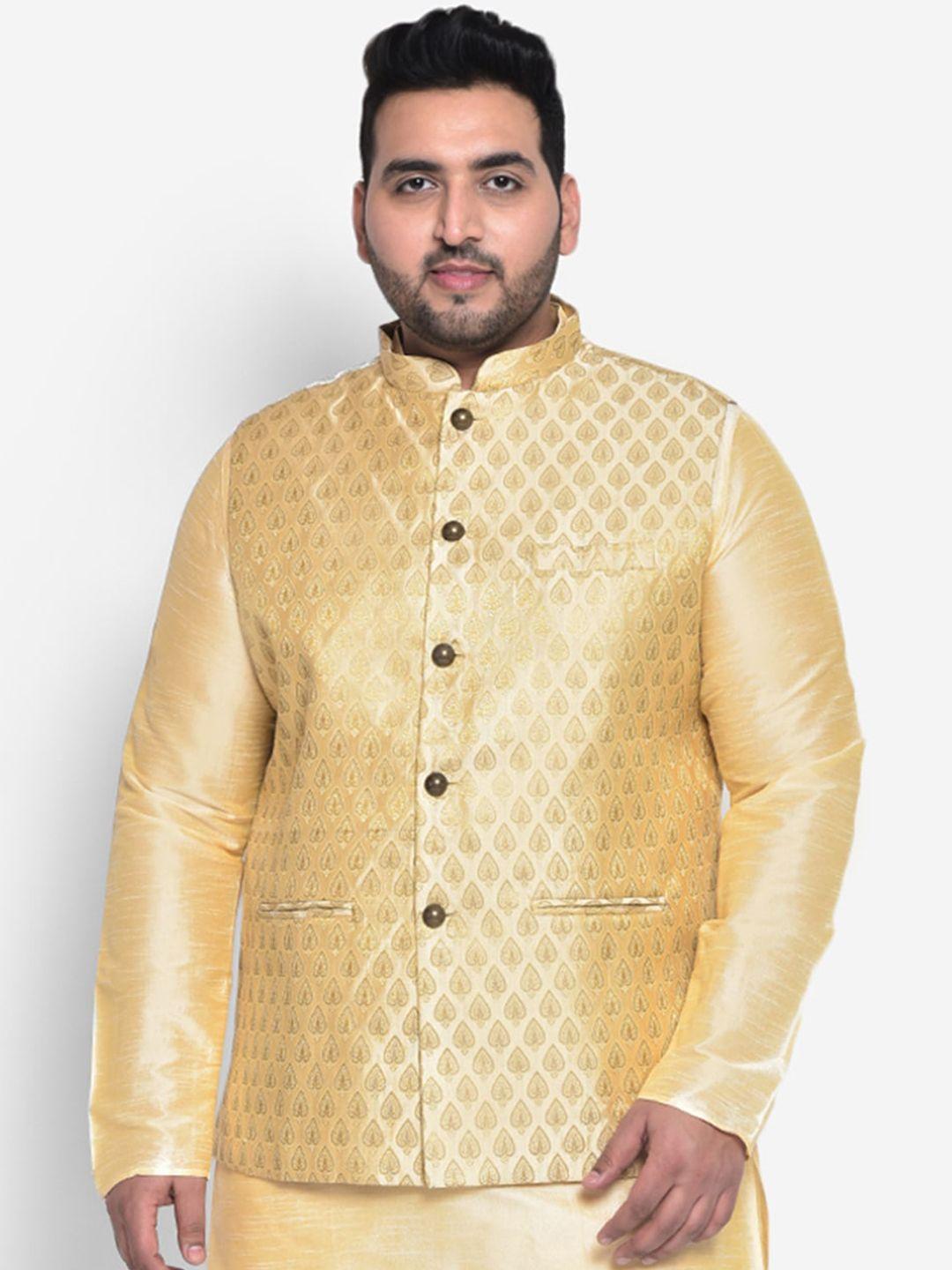 kisah plus men gold-toned printed woven design nehru jackets
