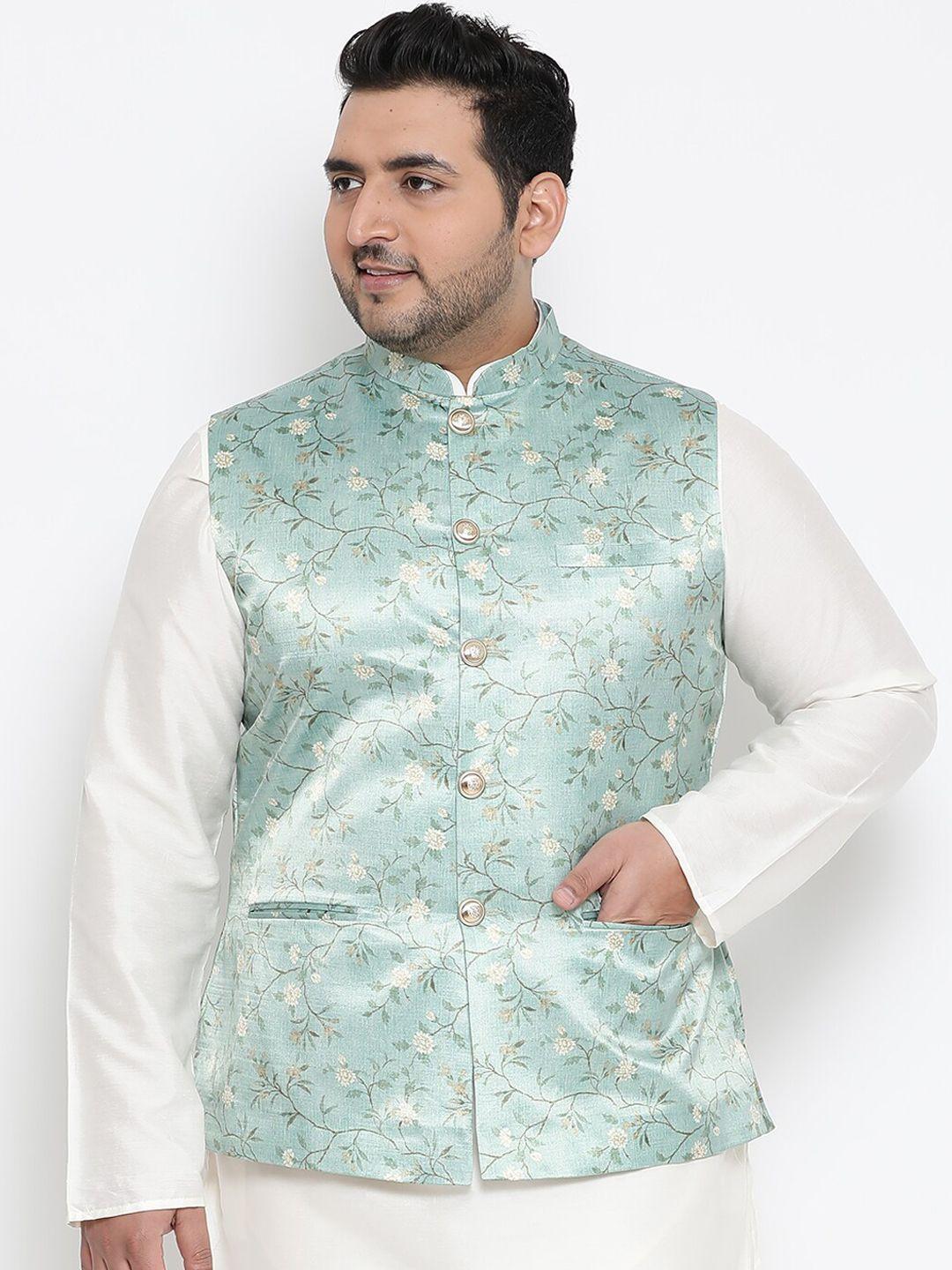 kisah-plus-men-green-&-white-printed-woven-nehru-jacket