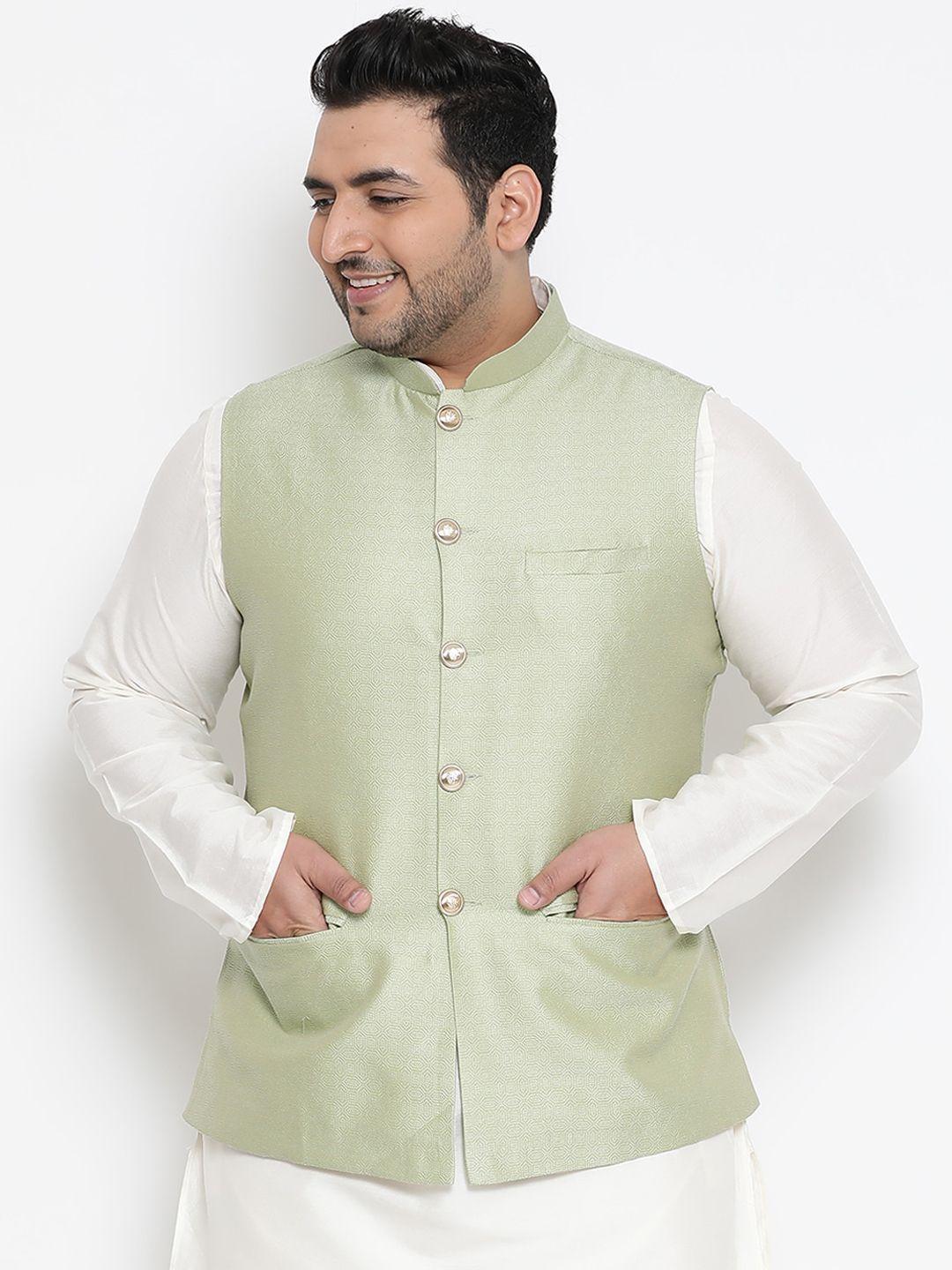 kisah-plus-men-green-woven-design-nehru-jacket