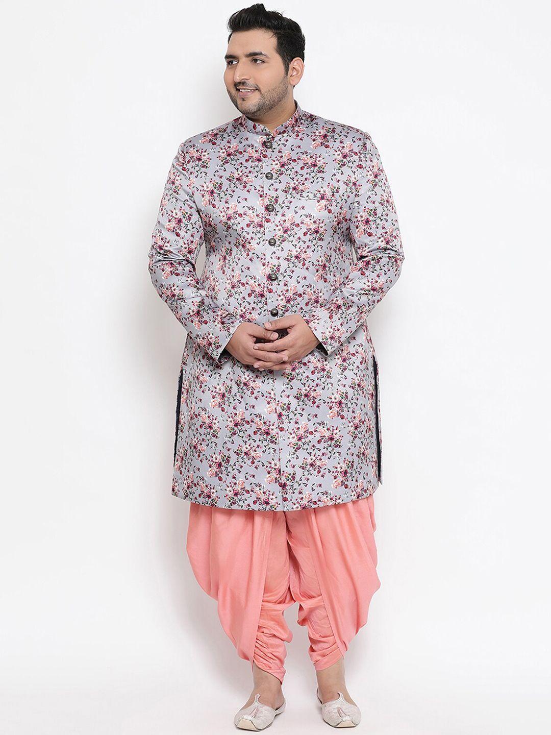 kisah plus men grey & peach-coloured plus printed sherwani with dhoti pants