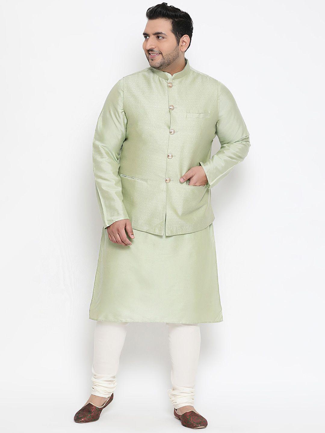 kisah plus men olive green & off-white solid kurta set with jacket