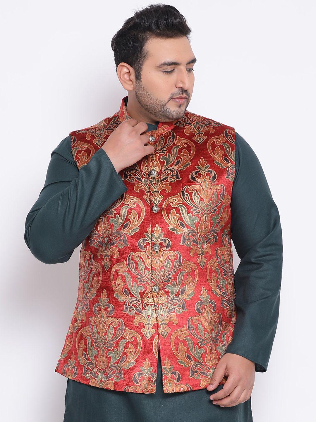 kisah-plus-men-orange-&-green-printed-woven-nehru-jacket