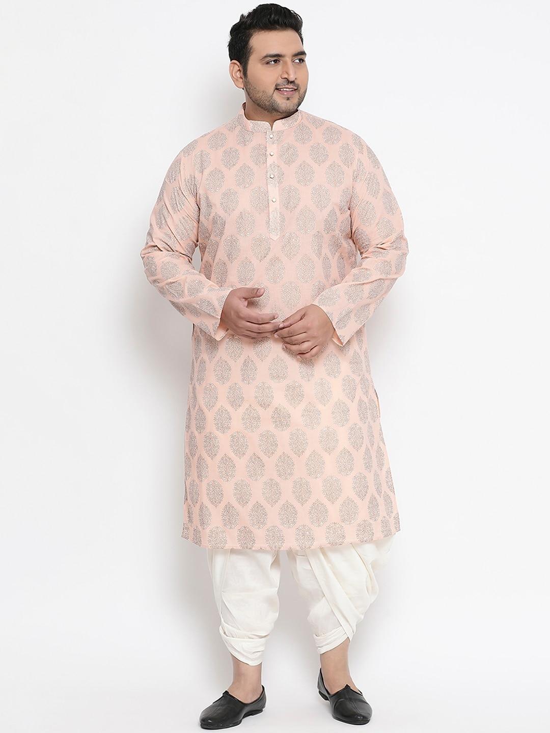 kisah plus men peach-coloured & off-white printed straight kurta
