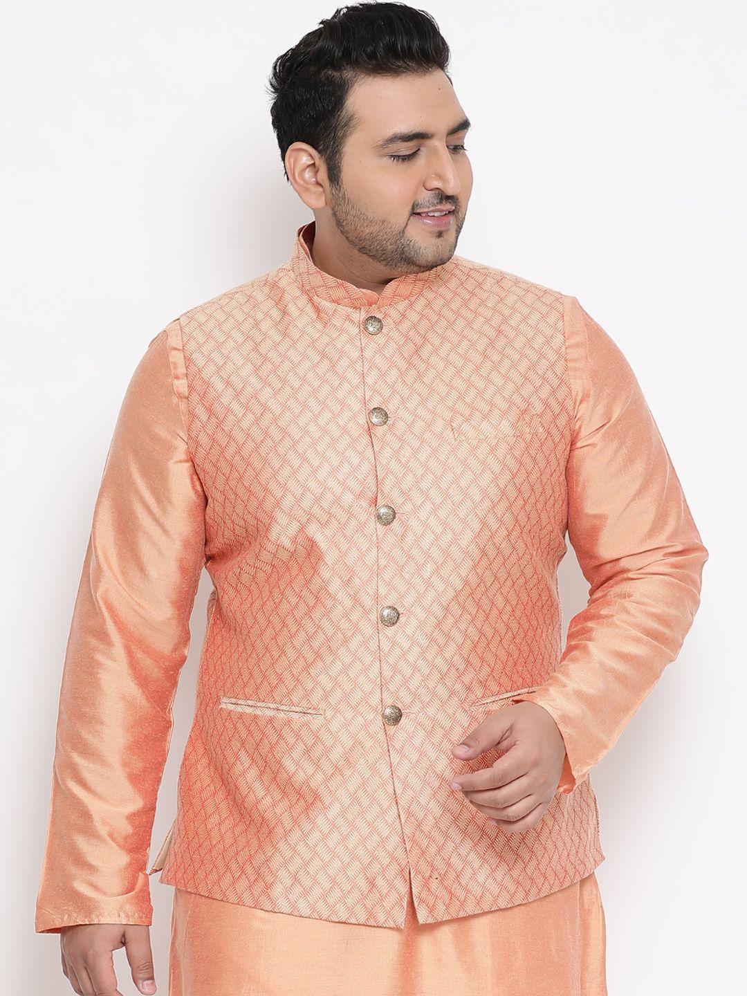 kisah plus men peach-coloured woven design nehru jacket