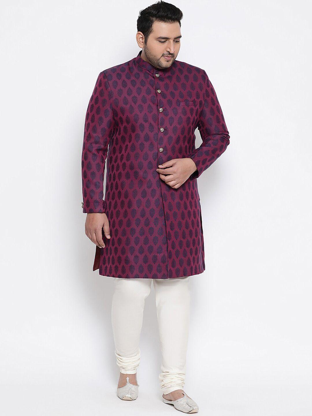 kisah plus men purple & white woven design silk sherwani set