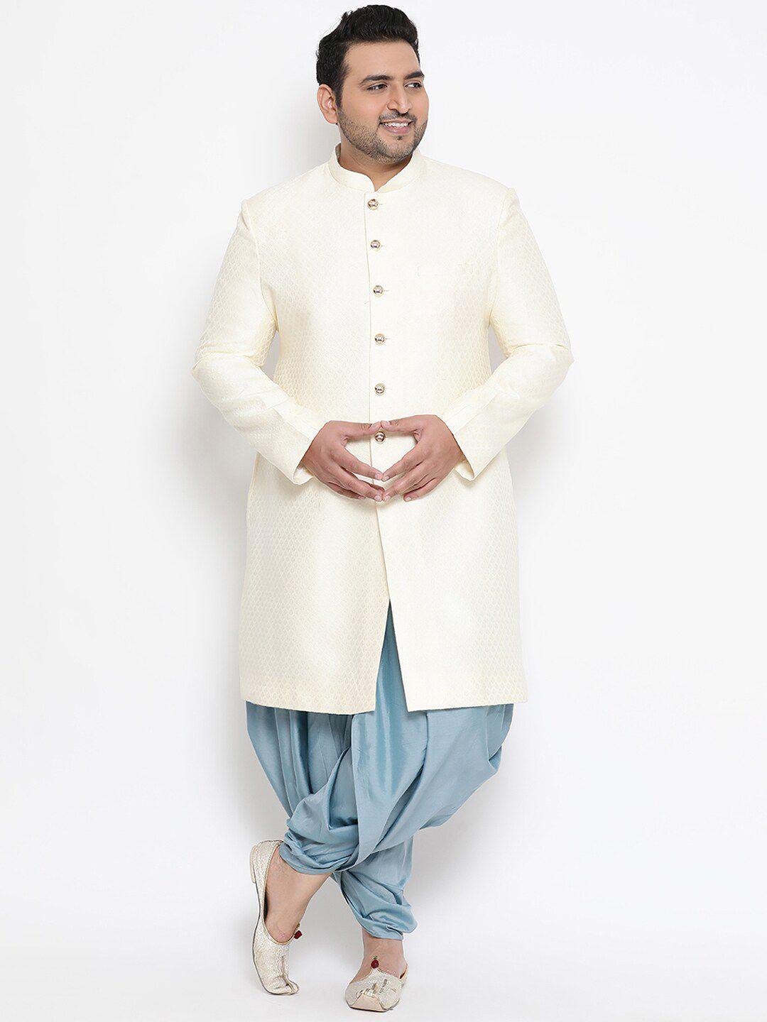 kisah plus men white & blue printed plus sherwani with dhoti pants